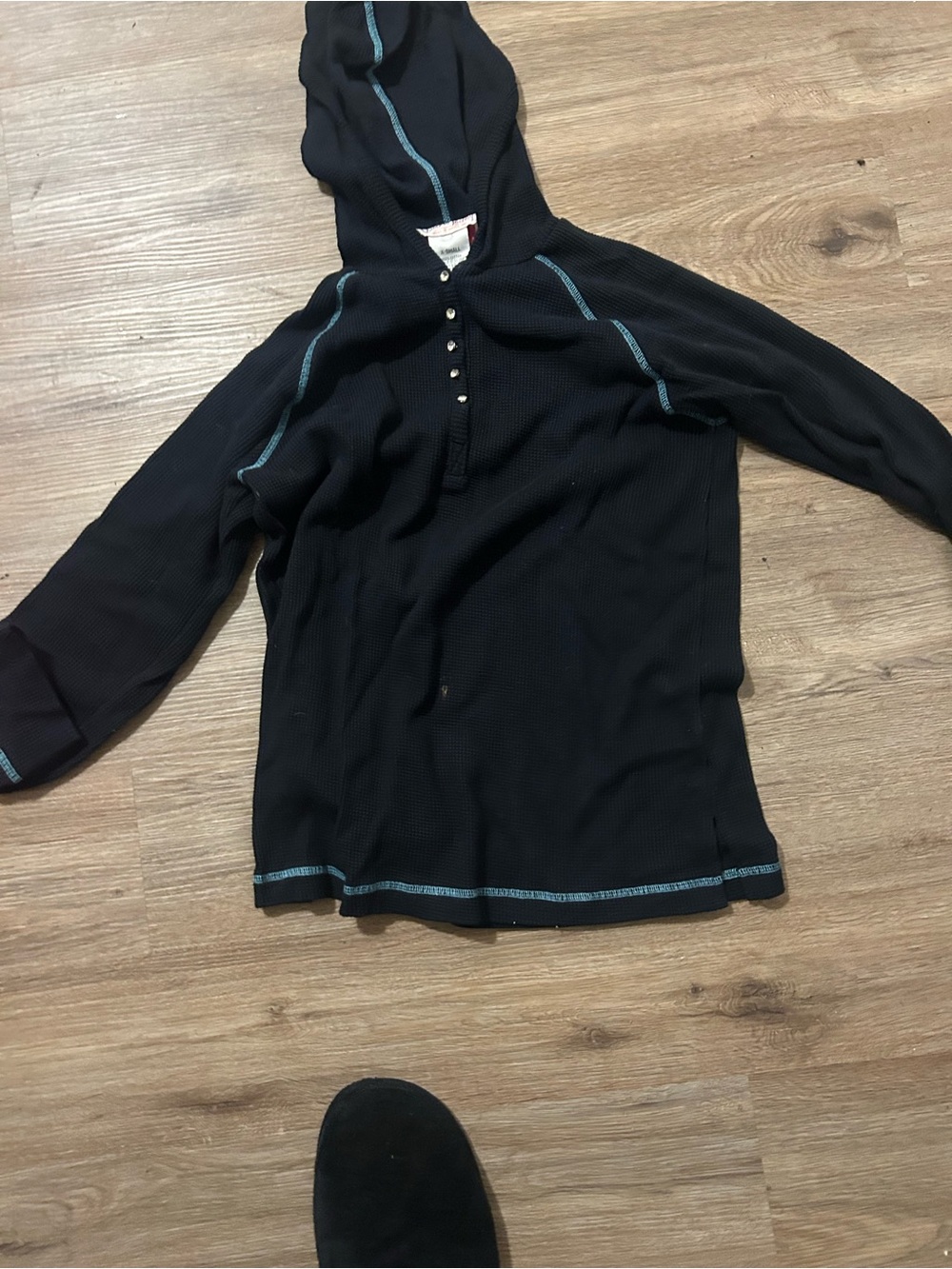 LuLaRoe Black Long-Sleeve Hooded Henley with Teal Stitching